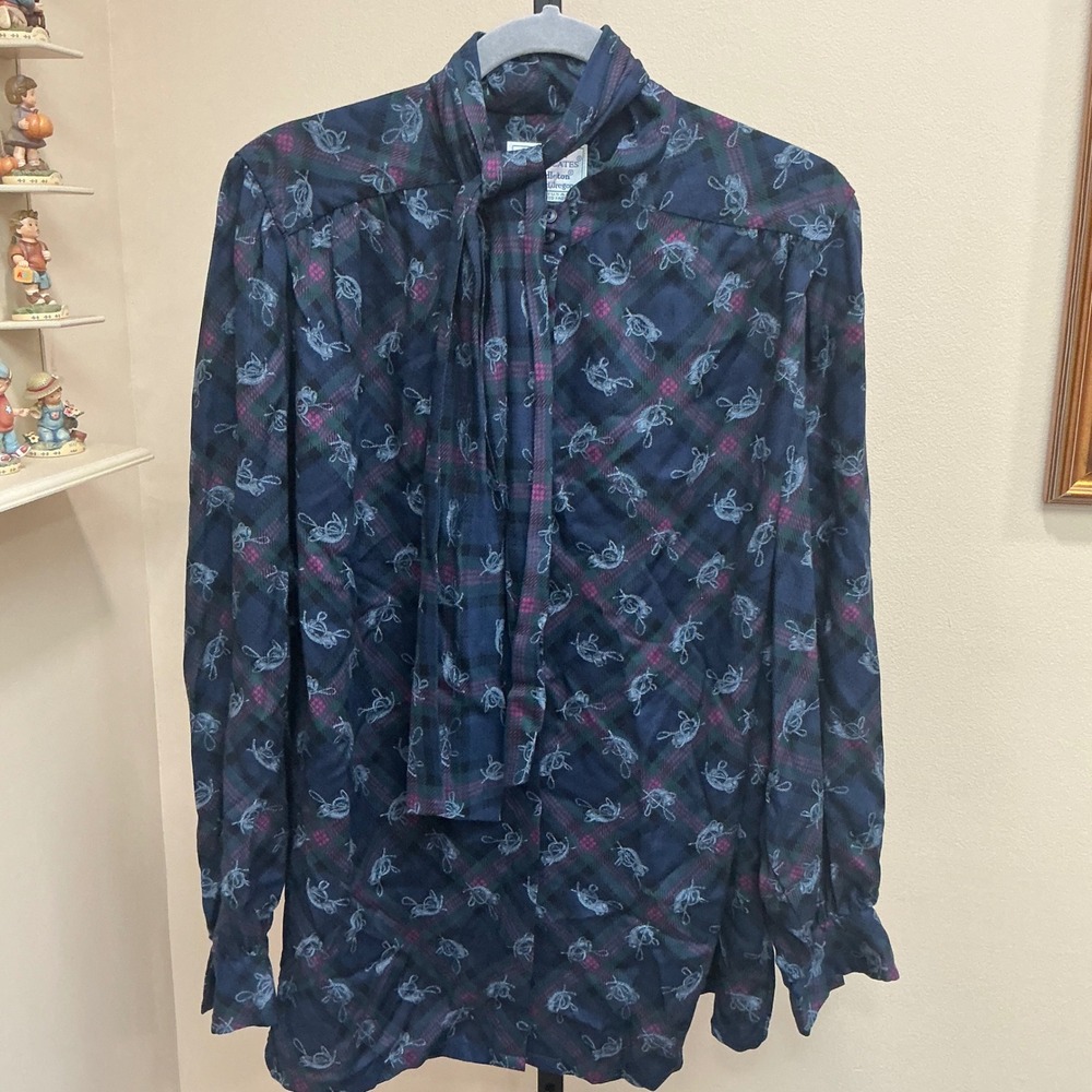 Pendleton Blouse Country Sophisticates 24W Navy Plaid Bird Print Tie Neck NWT